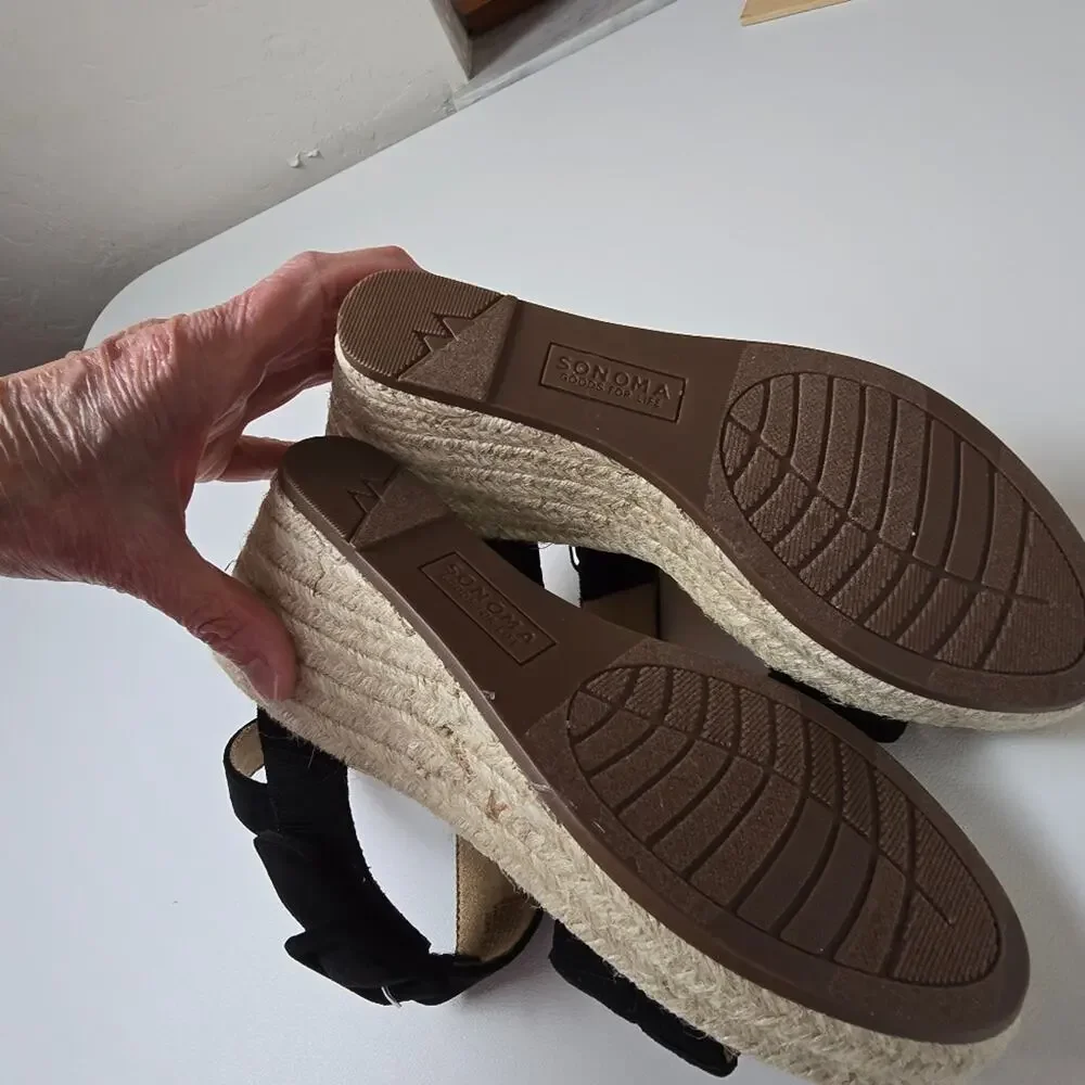 Black Suede Espadrille Wedge Sandals Size 6 Ankle Strap Memory Foam Open Toe